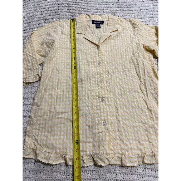 Denim & Co Button Up Shirt Butter Yellow White Plaid Womens Sz Medium Ruffle Hem - Picture 4 of 7